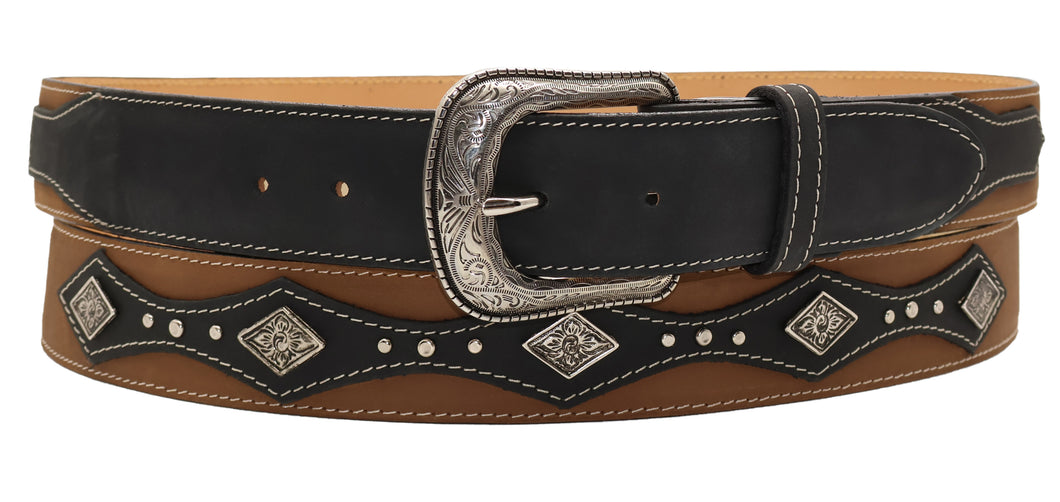 Silverton West Concho 5D All Leather Studded Belt (Black/Tobacco)