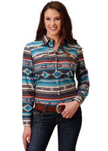 Load image into Gallery viewer, Roper Women’s Aztec Blanket Print Long Sleeve Horizontal Print Shirt (Blue) 03-050-0067-0310