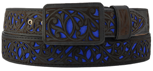 Silverton Laser Cut All Leather Belt (Black/Blue)