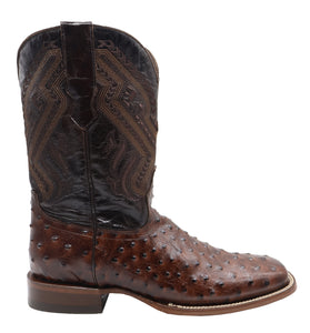 Silverton Ostrich Print Leather Wide Square Toe Boots (Brown)