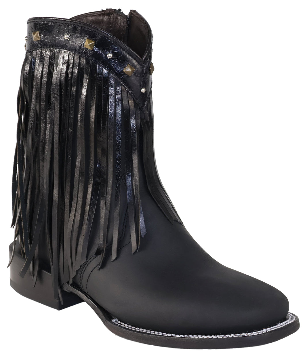 Silverton Michelle Fringe All Leather Wide Square Toe Short Boots (Black/Black)