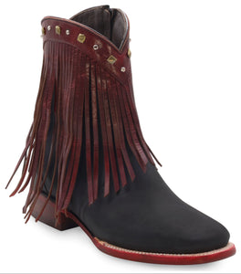 Silverton Michelle Fringe All Leather Wide Square Toe Short Boots (Black/Wine)