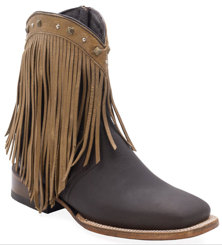 Silverton Michelle Fringe All Leather Wide Square Toe Short Boots (Brown/Beige)