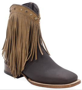 Silverton Michelle Fringe All Leather Wide Square Toe Short Boots (Brown/Beige)