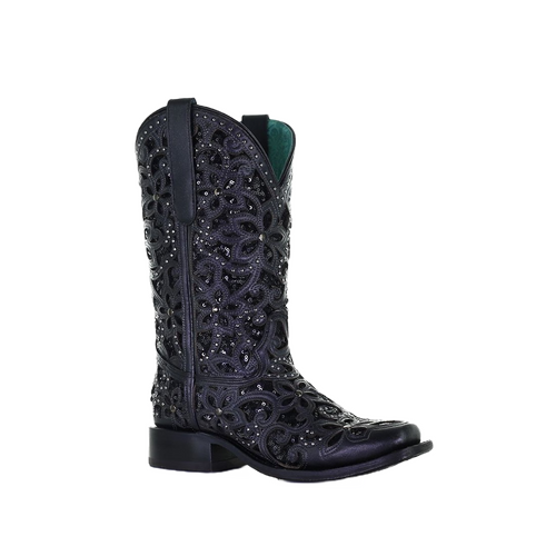 Corral Ladies Black Inlay Embroidered & Stud Square Toe Boots A4128