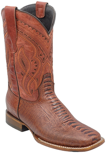 Silverton Ostrich Leg Print Leather Wide Square Toe Boots (Shedron)